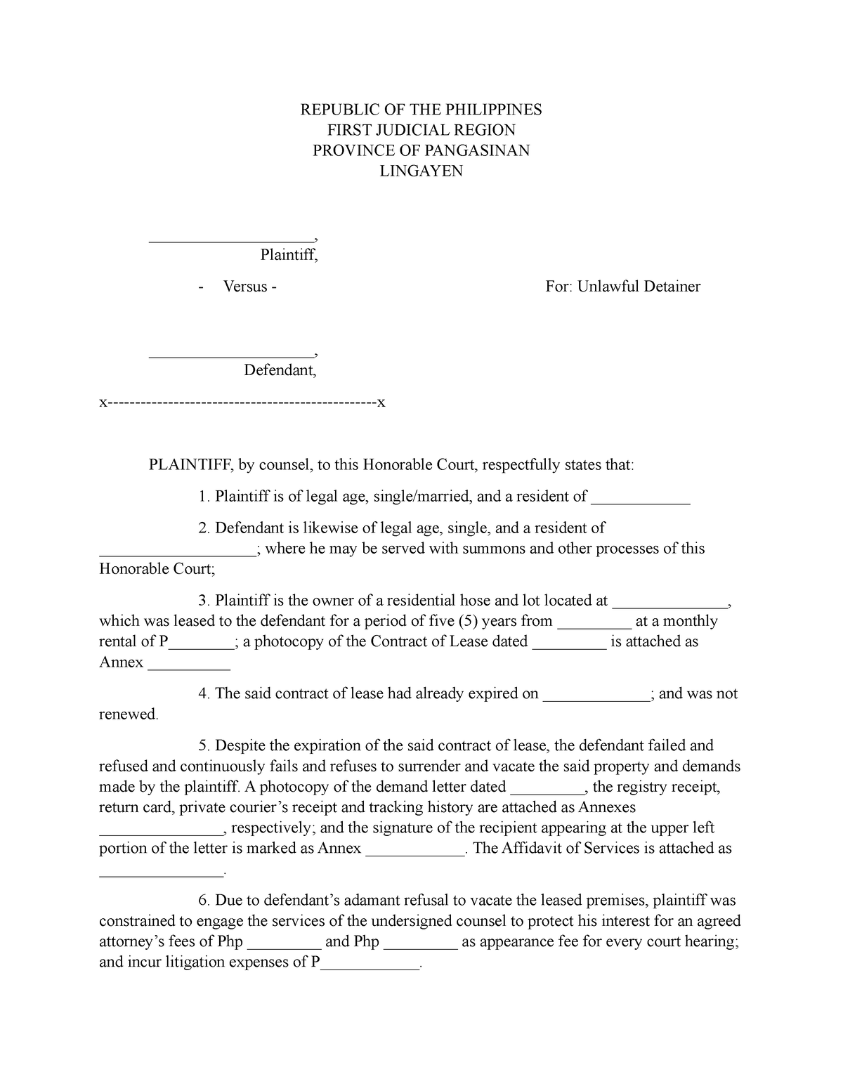 Unlawful Detainer - Legal Forms - REPUBLIC OF THE PHILIPPINES FIRST ...