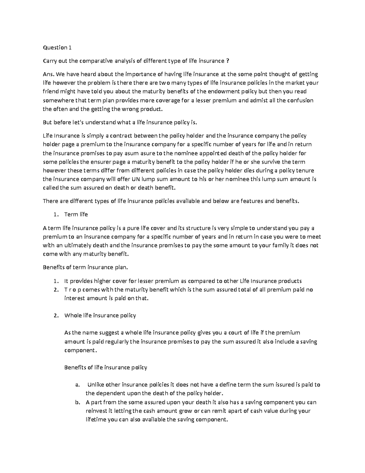 Document - Question 1 Carry out the comparative analysis of different ...