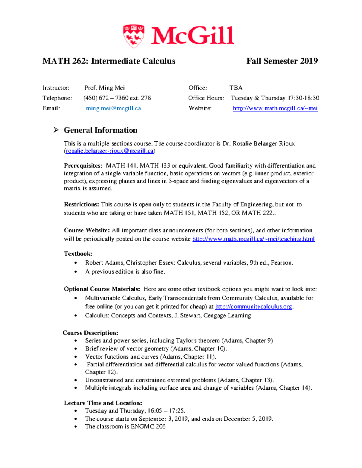 MMei-MATH-262-Course-outline - MATH 262: Intermediate Calculus Fall ...