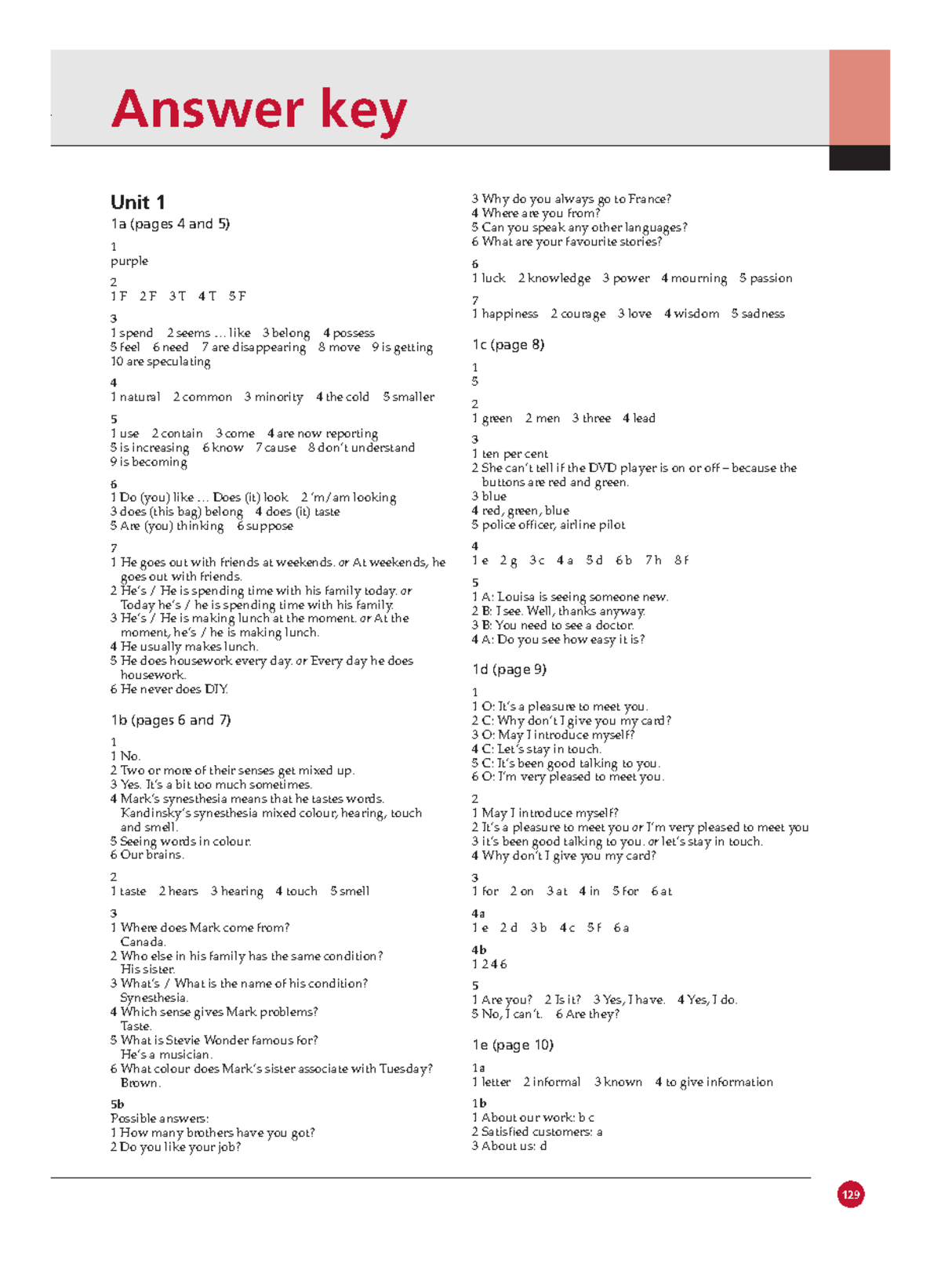 Workbook Answer Key Answer Key Unit 1 1a pages 4 And 5 1 Purple 2 1