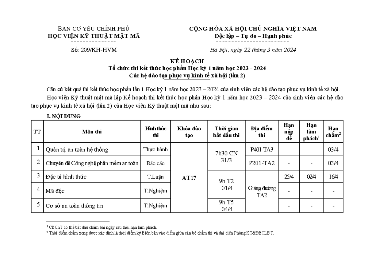 Kế hoạch thi lại HK1, 2023-2024 (KTXH) - BAN CƠ YẾU CHÍNH PHỦ HỌC VIỆN ...