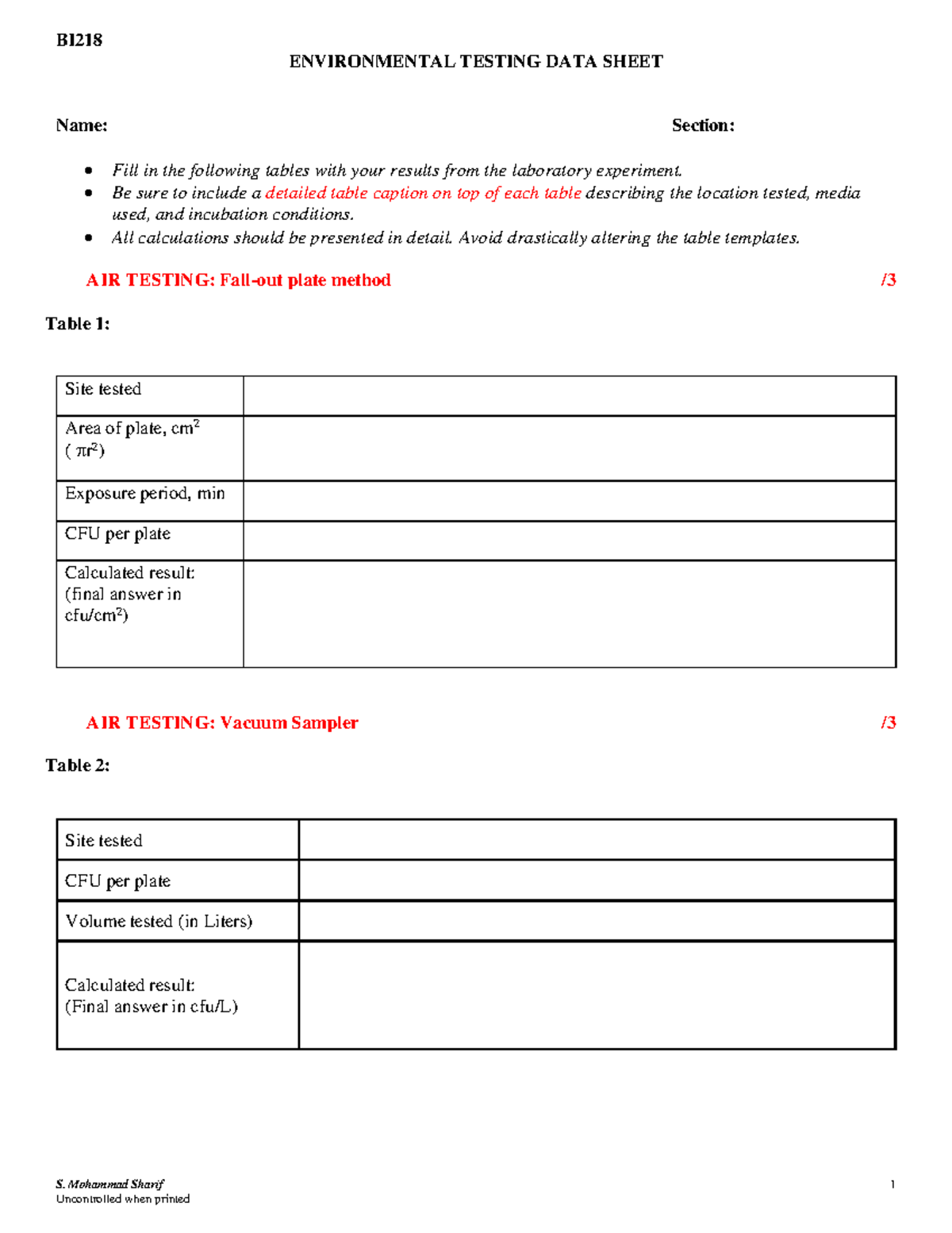 Environmental Testing Data Sheet 1 BI ENVIRONMENTAL TESTING DATA