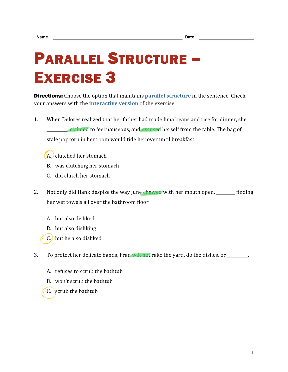 Parallelism ( Practice 2) - Name Date PARALLEL STRUCTURE – EXERCISE 3 ...