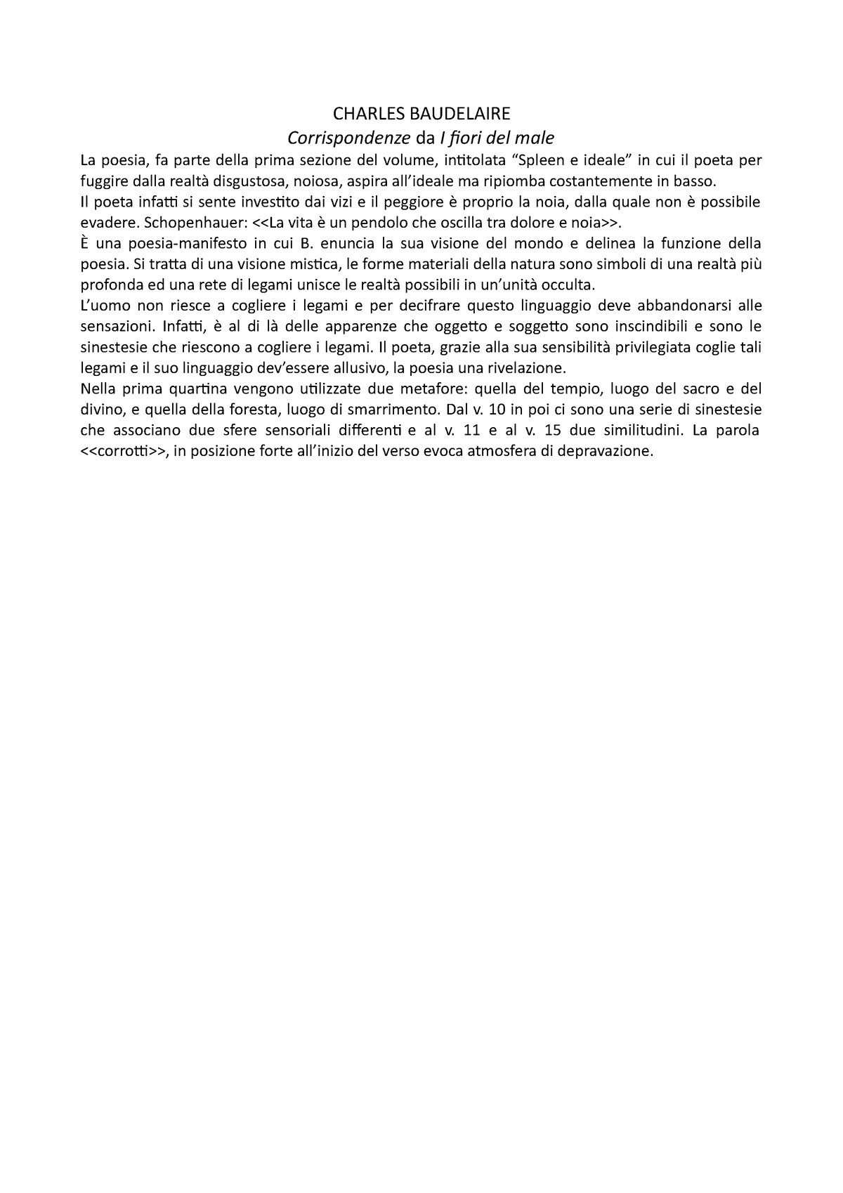 Charles Baudelaire - Riassunto generale - CHARLES BAUDELAIRE Corrispondenze  da I fiori del male La - Studocu