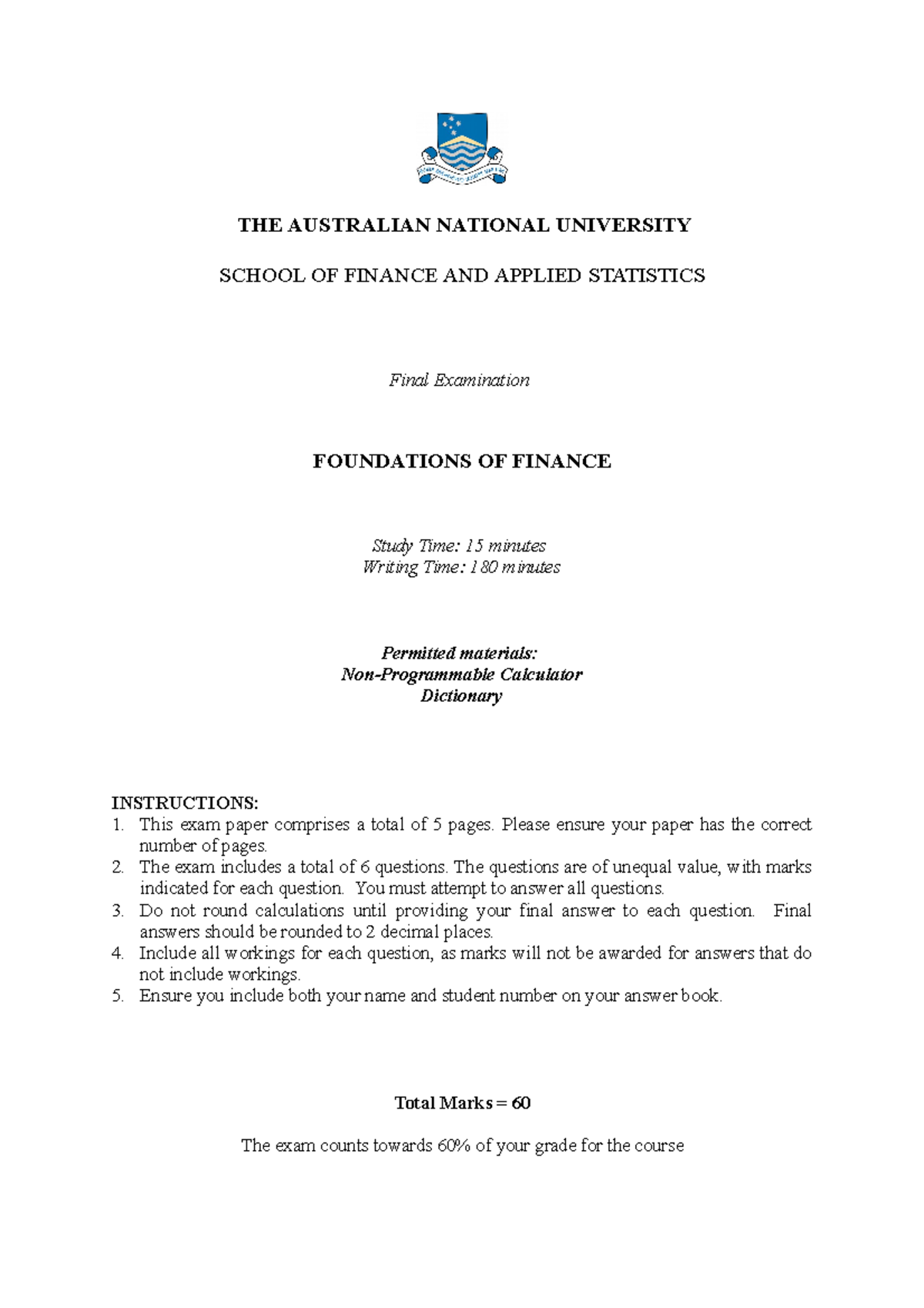 Foundations Of Finance - Final Prac Exam 3 - THE AUSTRALIAN NATIONAL ...