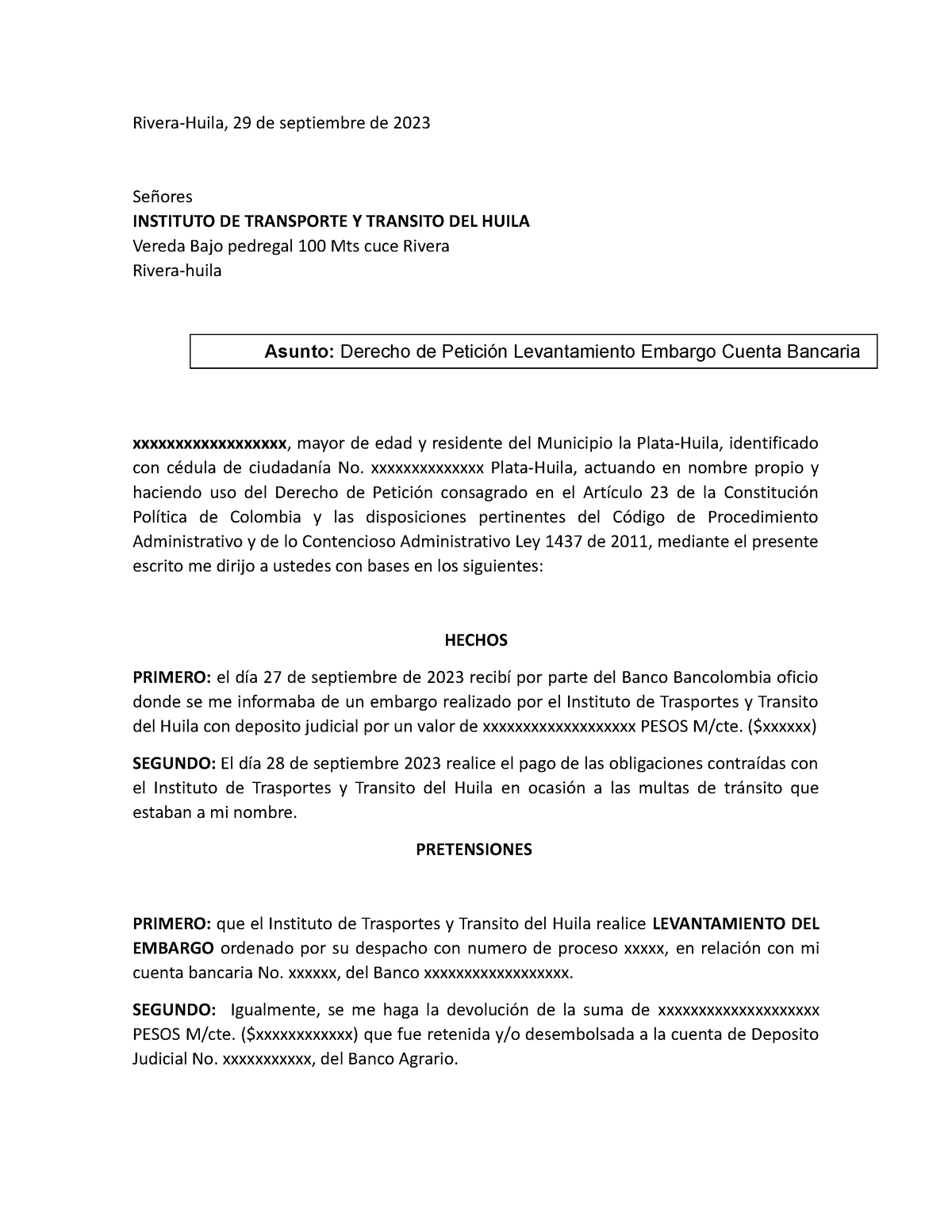 Derecho de peticion levantamiento de embargo - Rivera-Huila, 29 de ...