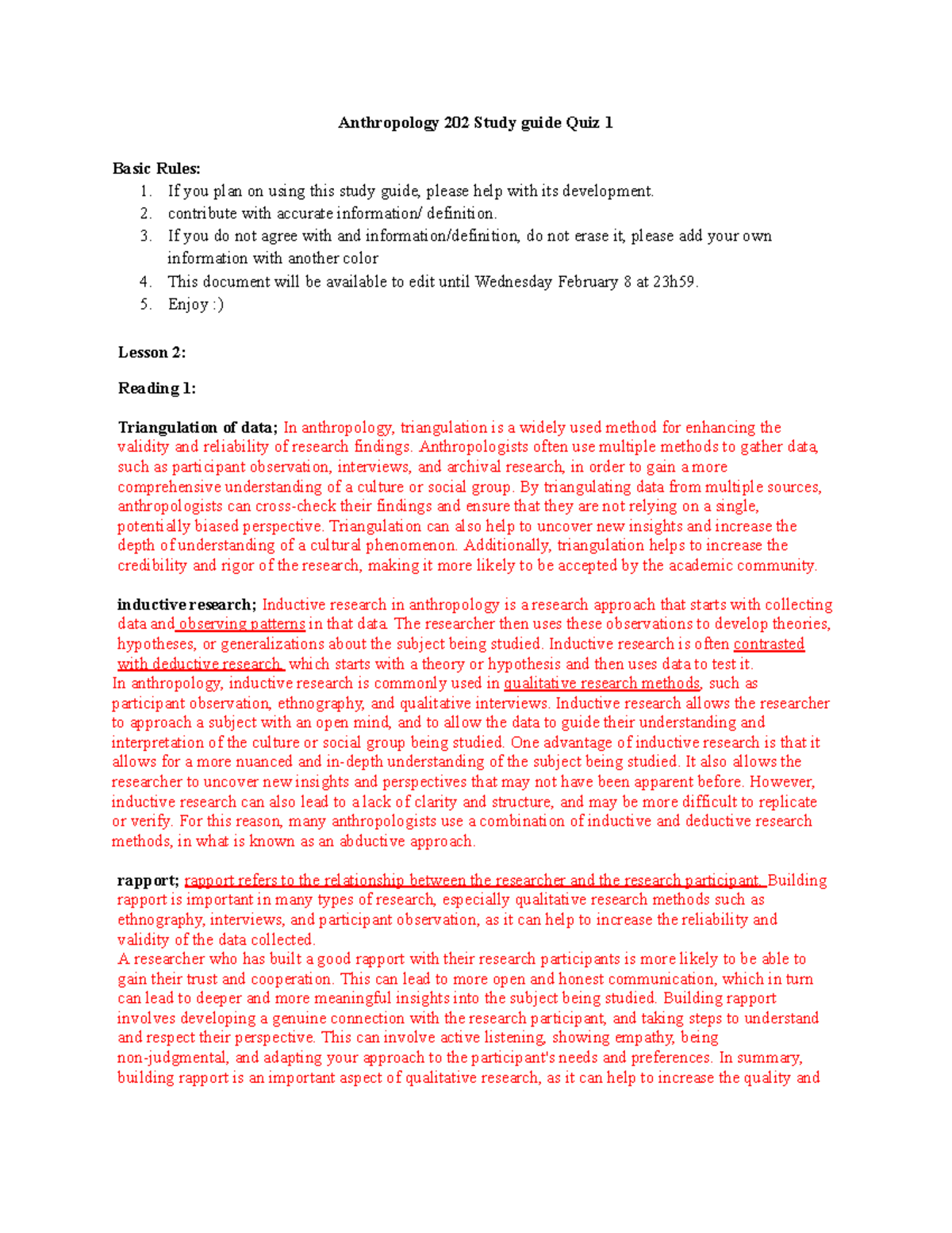 Quiz 1 Study Guide - Anthropology 202 Study Guide Quiz 1 Basic Rules ...