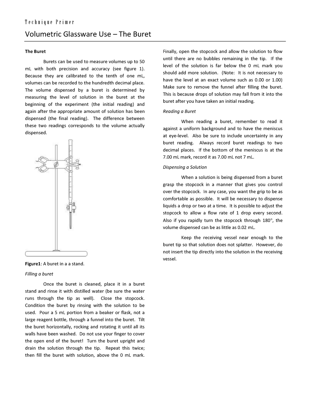 Volumetric glassware Buret T e c h n i q u e P r i m e r Volumetric