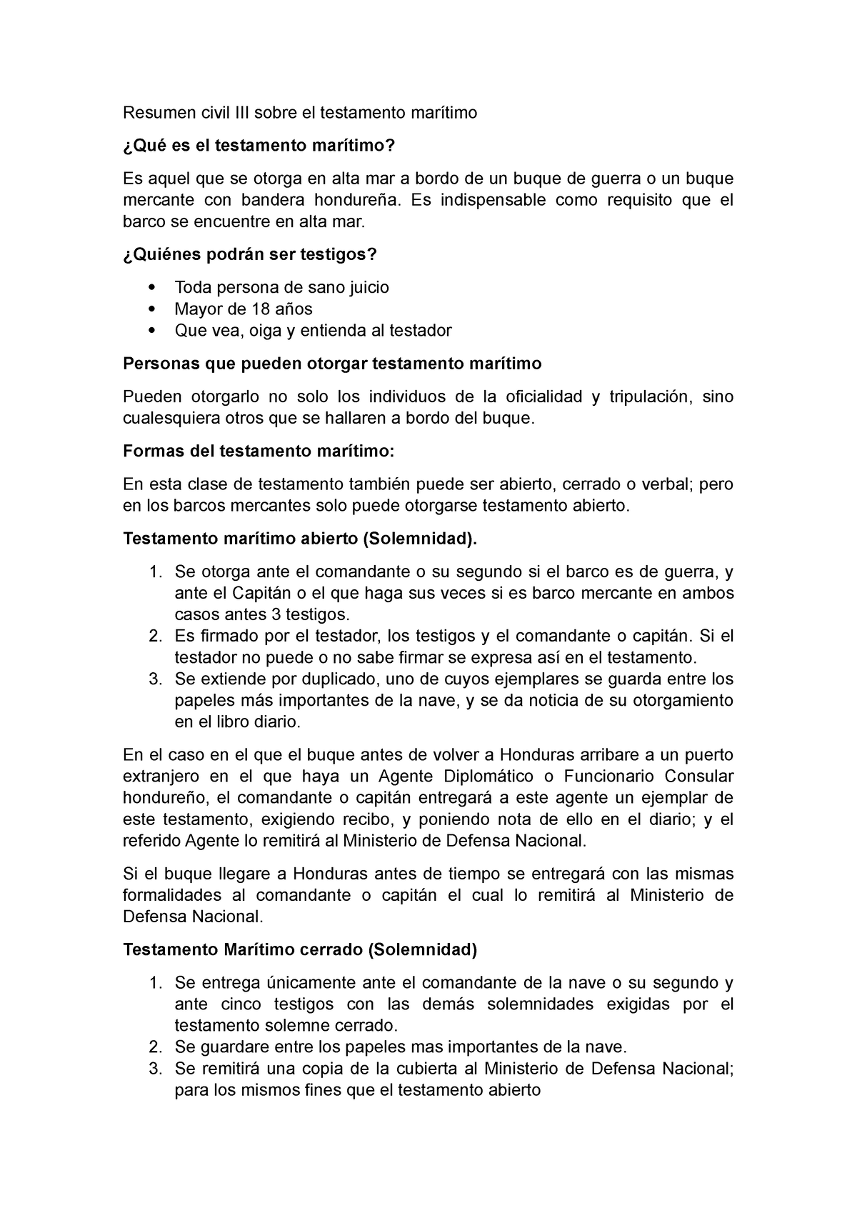 Resumen civil III sobre el testamento marítimo - Es indispensable como  requisito que el barco se - Studocu