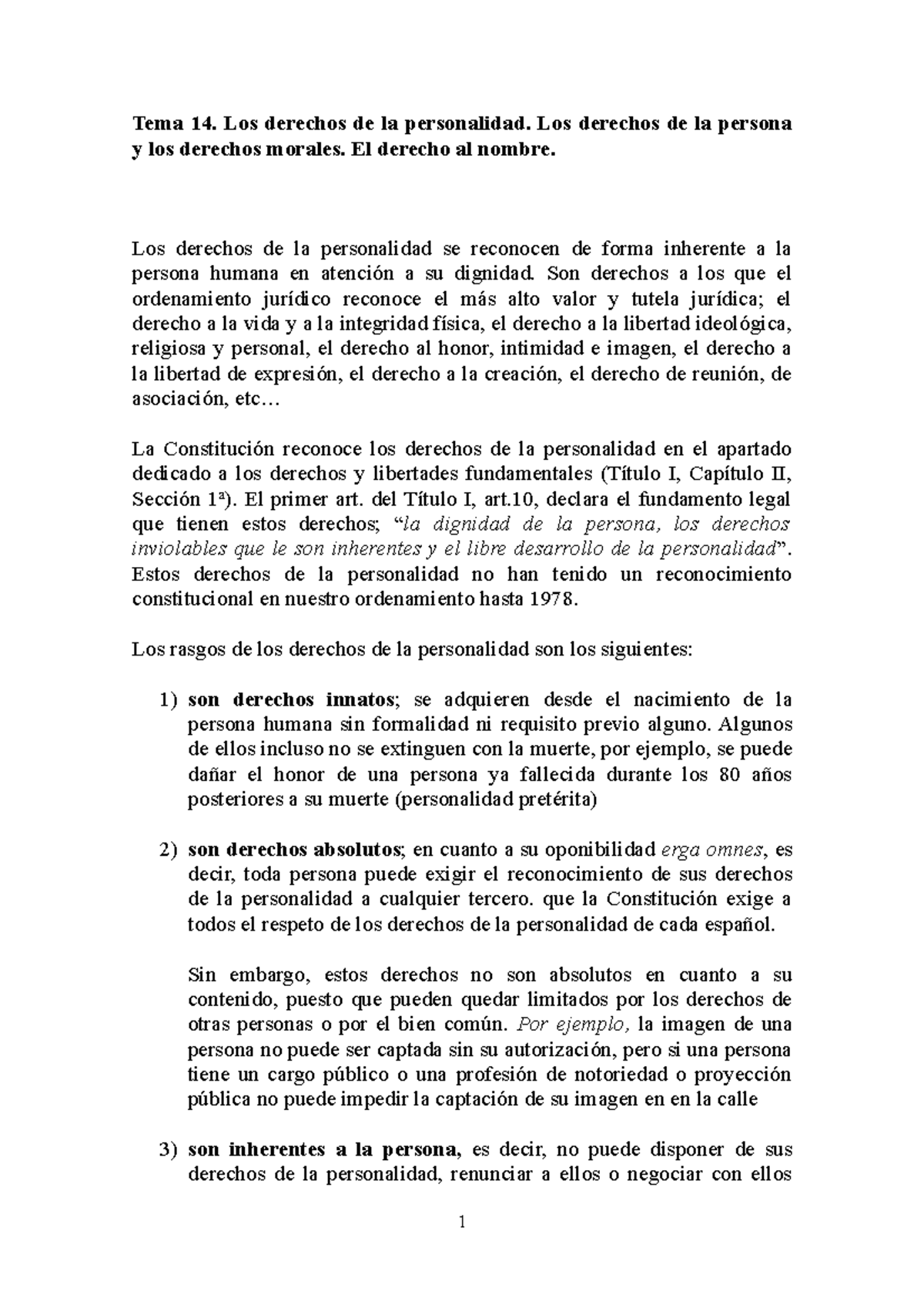 Tema 14. Derechos De La Personalidad - Tema 14. Los Derechos De La ...