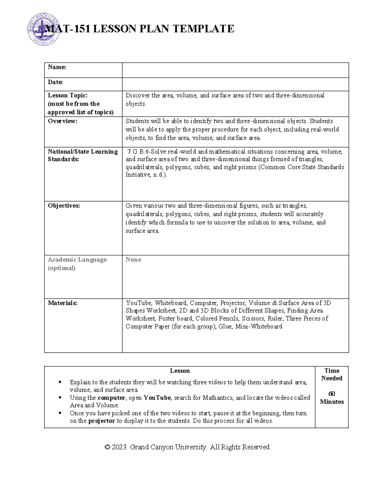 Mat-151 Week 3 lesson plan - Name: Date: Lesson Topic: (must be from ...