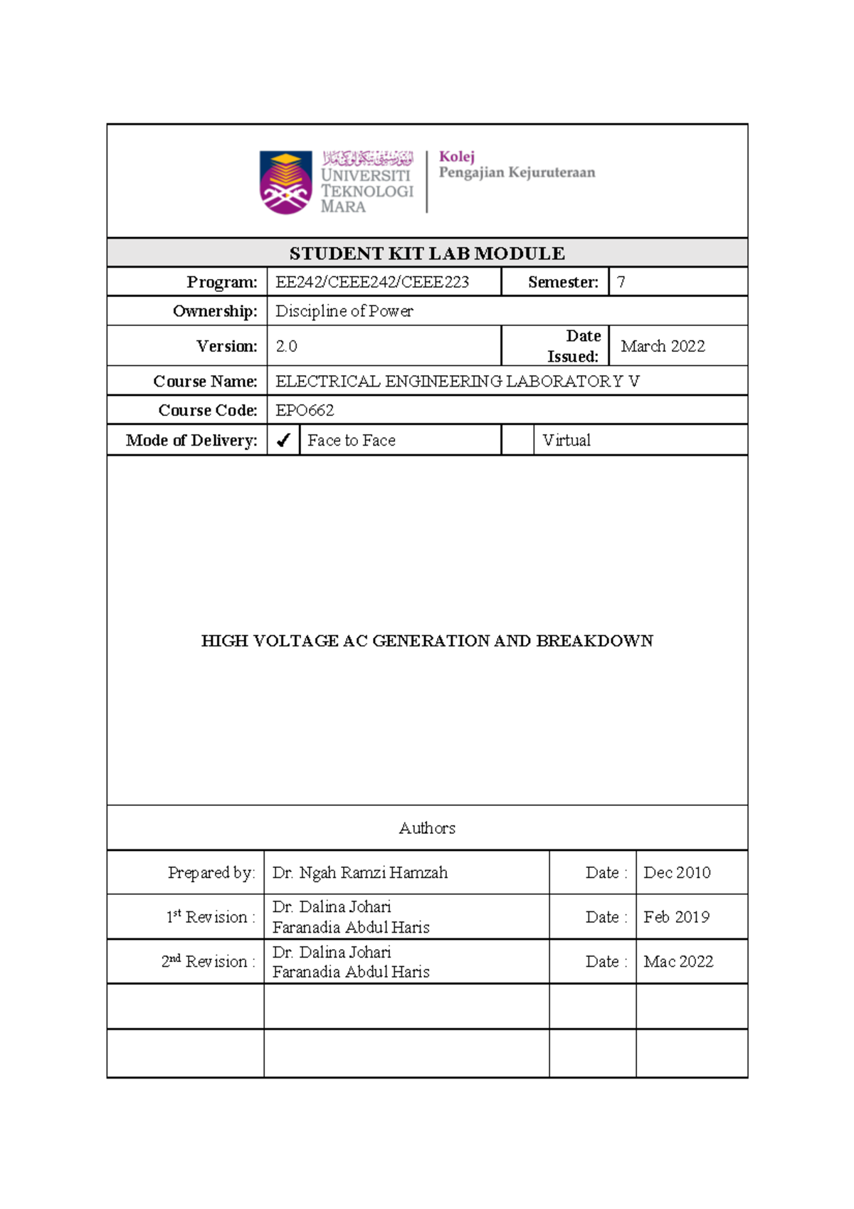 HV1 Student Kit - STUDENT KIT LAB MODULE Program: EE242/CEEE242/CEEE223 ...