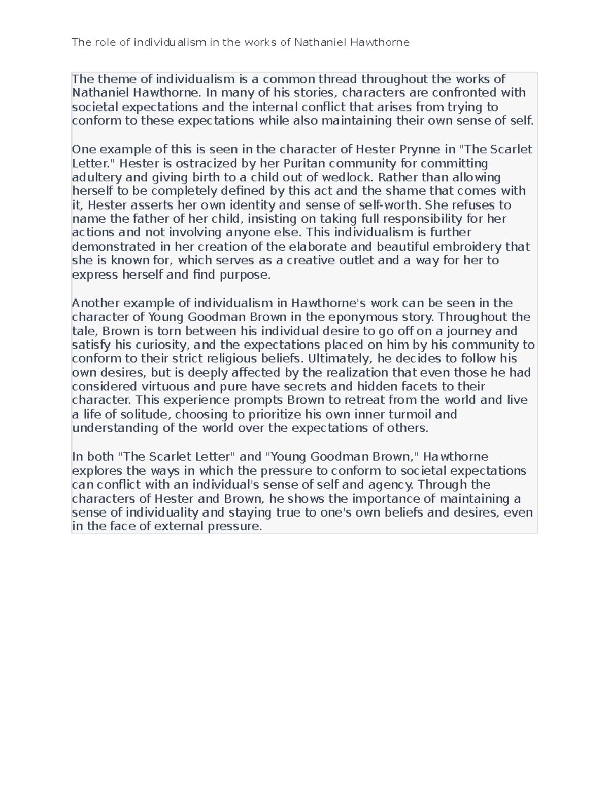 Nathan American literature essay number 1 The role of individualism in the works of