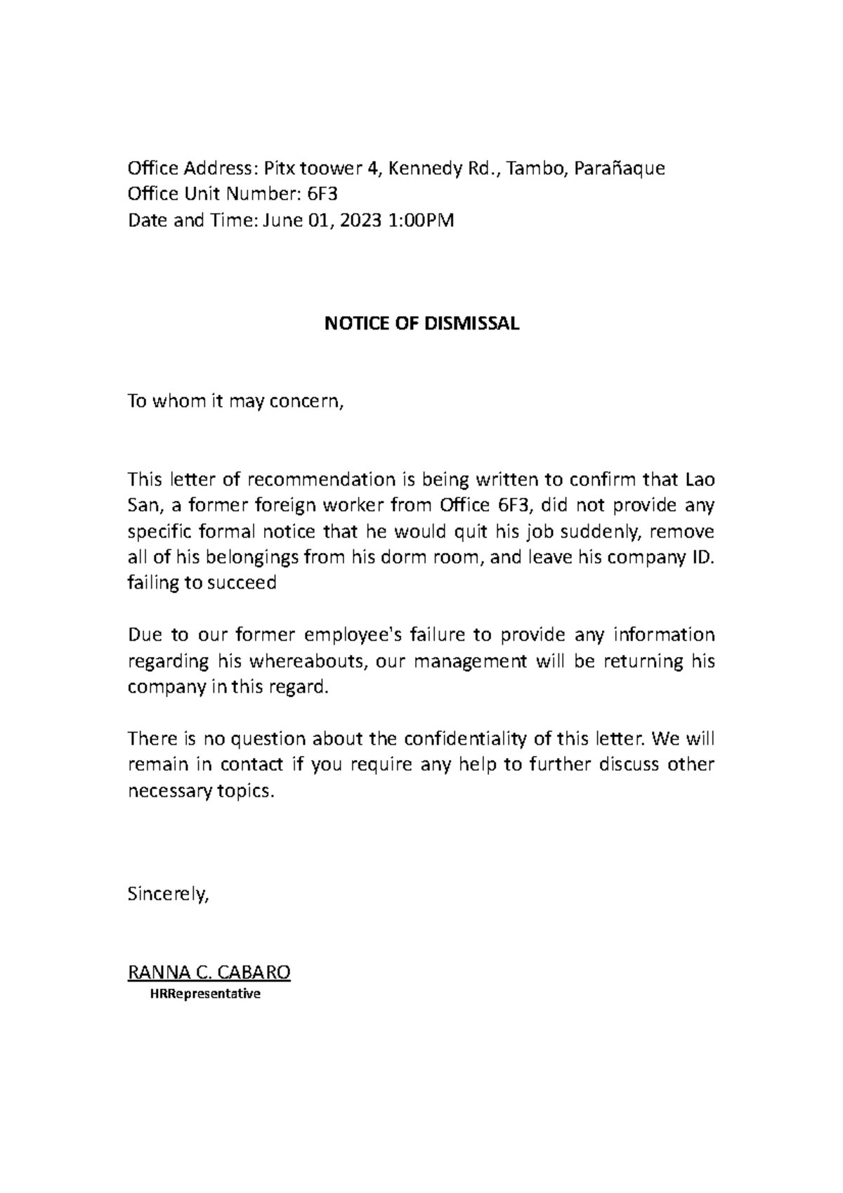AWOL LETTER AWER AWSERSAE REWA - Office Address: Pitx toower 4, Kennedy ...