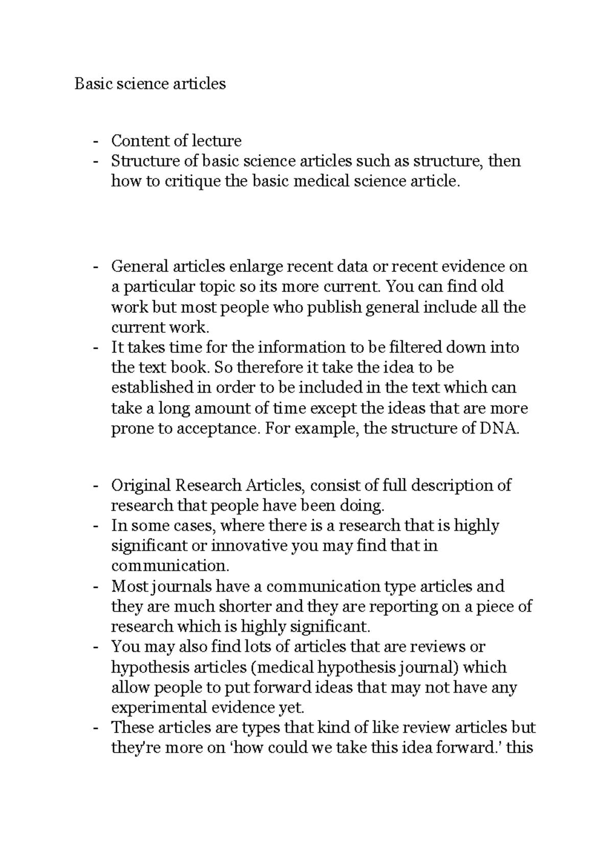 Basic science articles lecture notes - Basic science articles Content ...