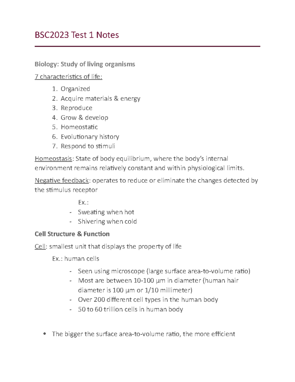 BSC2023 Test 1 Notes - BSC2023 Test 1 Notes Biology: Study of living ...