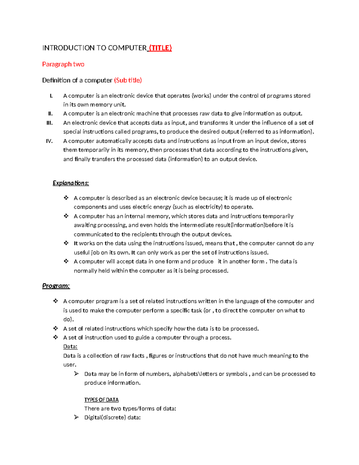 Introduction TO Computer - INTRODUCTION TO COMPUTER (TITLE) Paragraph ...