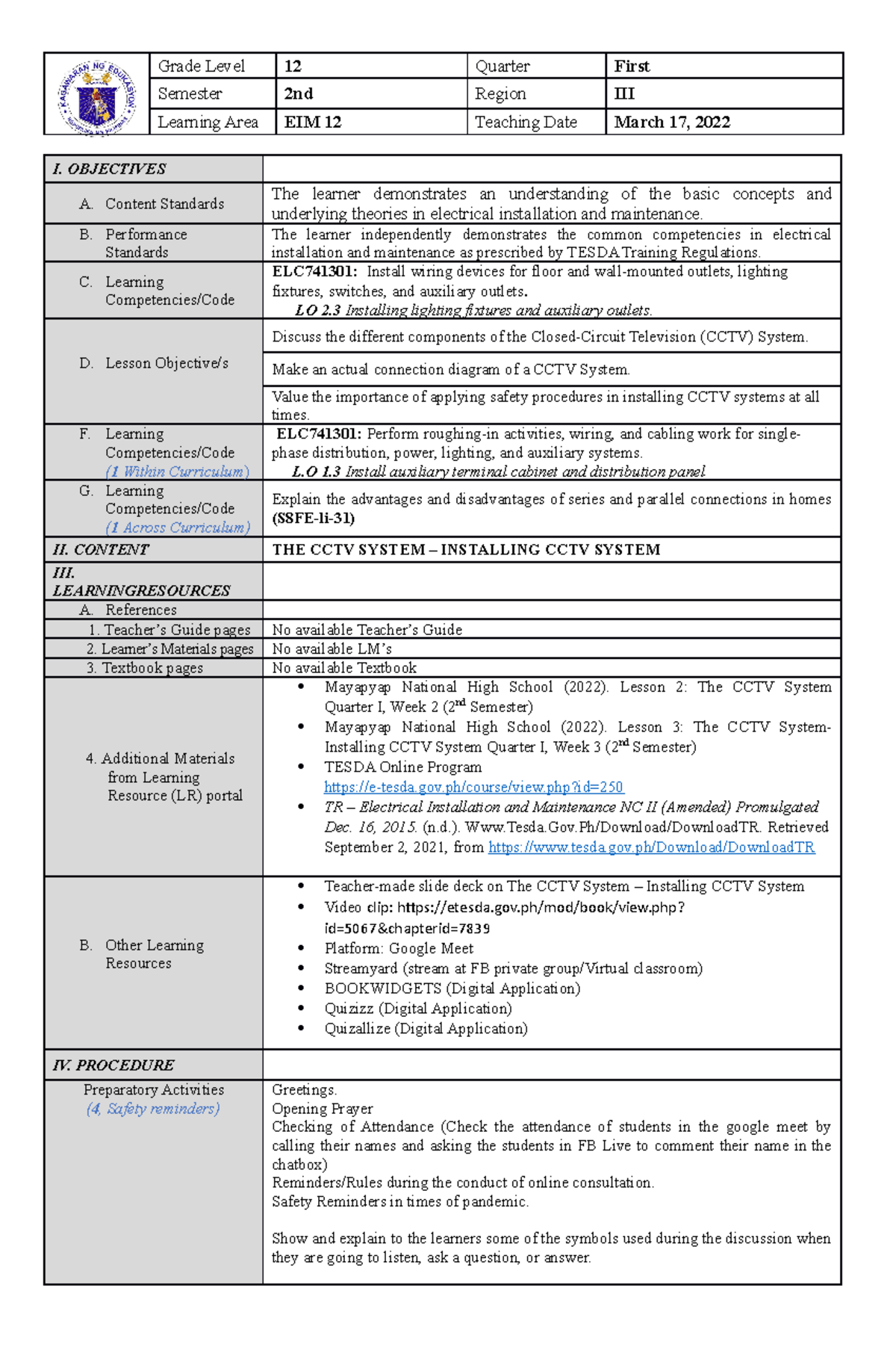 COT 1 - Lesson Plan (EIM 12) - Introduction to Ethics - Araullo - Studocu