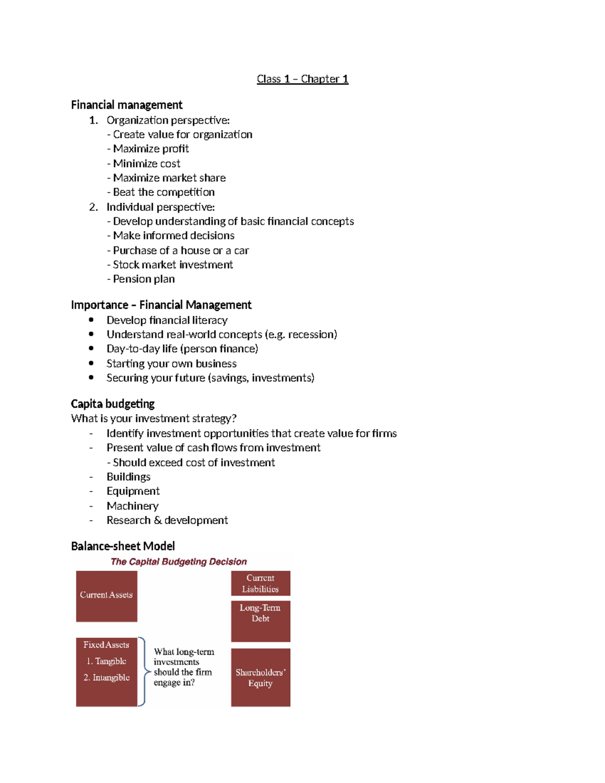 Chapter 1 Notes - Class 1 – Chapter 1 Financial management Organization ...