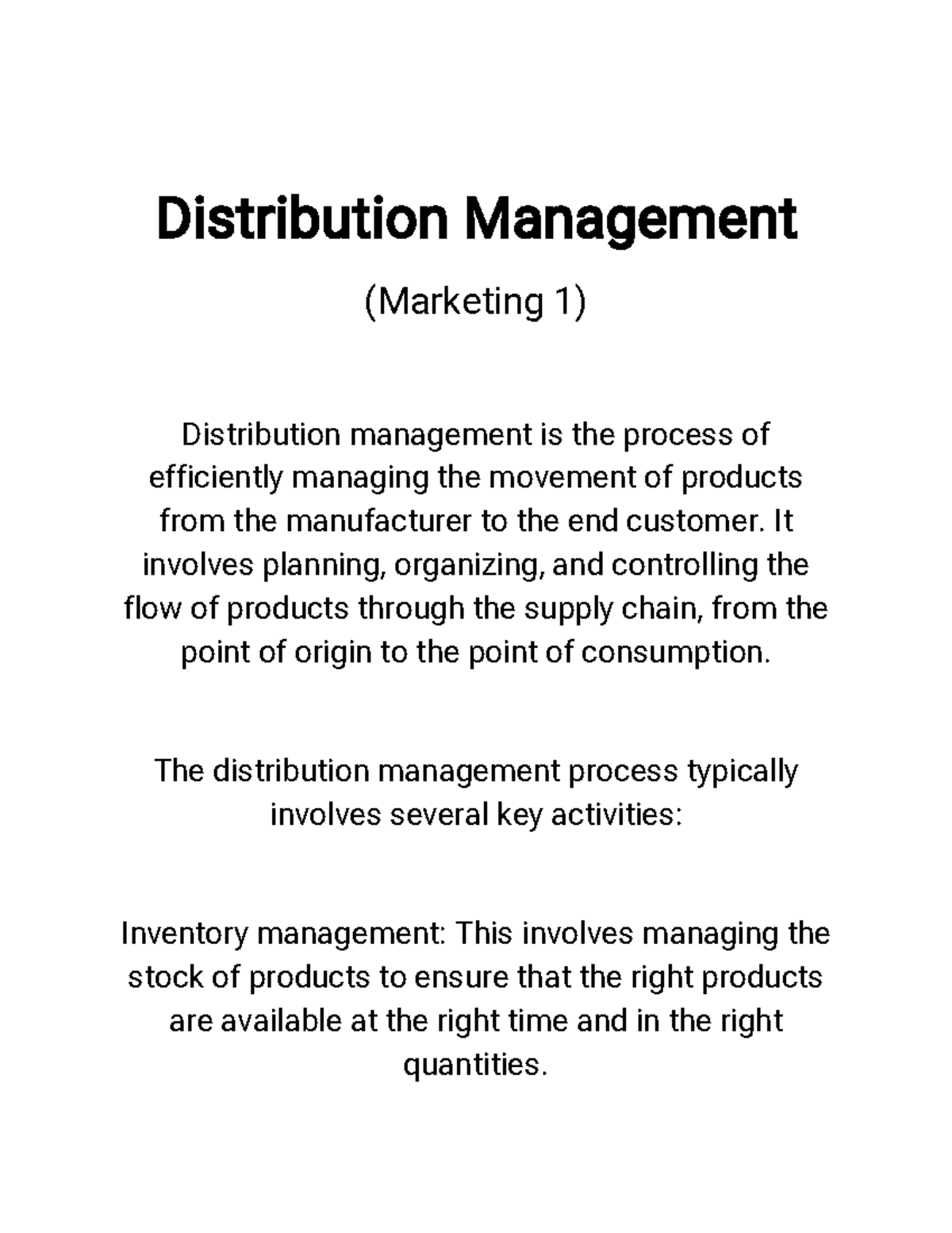 Distribution Management Marketing 2 Distribution Management