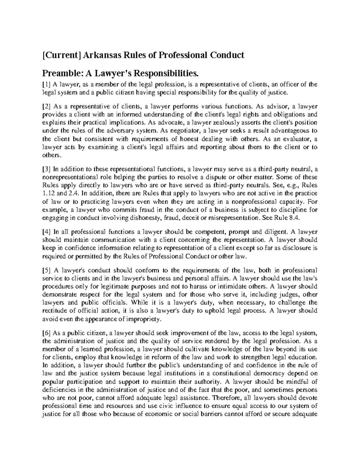 Arkansas Rule of Professional Conduct [Current] Arkansas Rules of