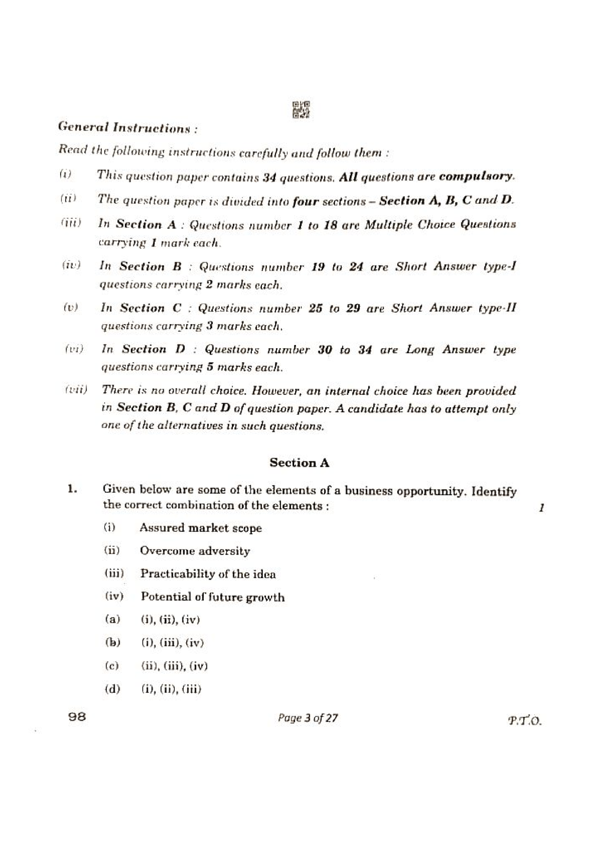 CBSE Class 12 Entrepreneurship Question Paper 2023 - Bachelor of ...