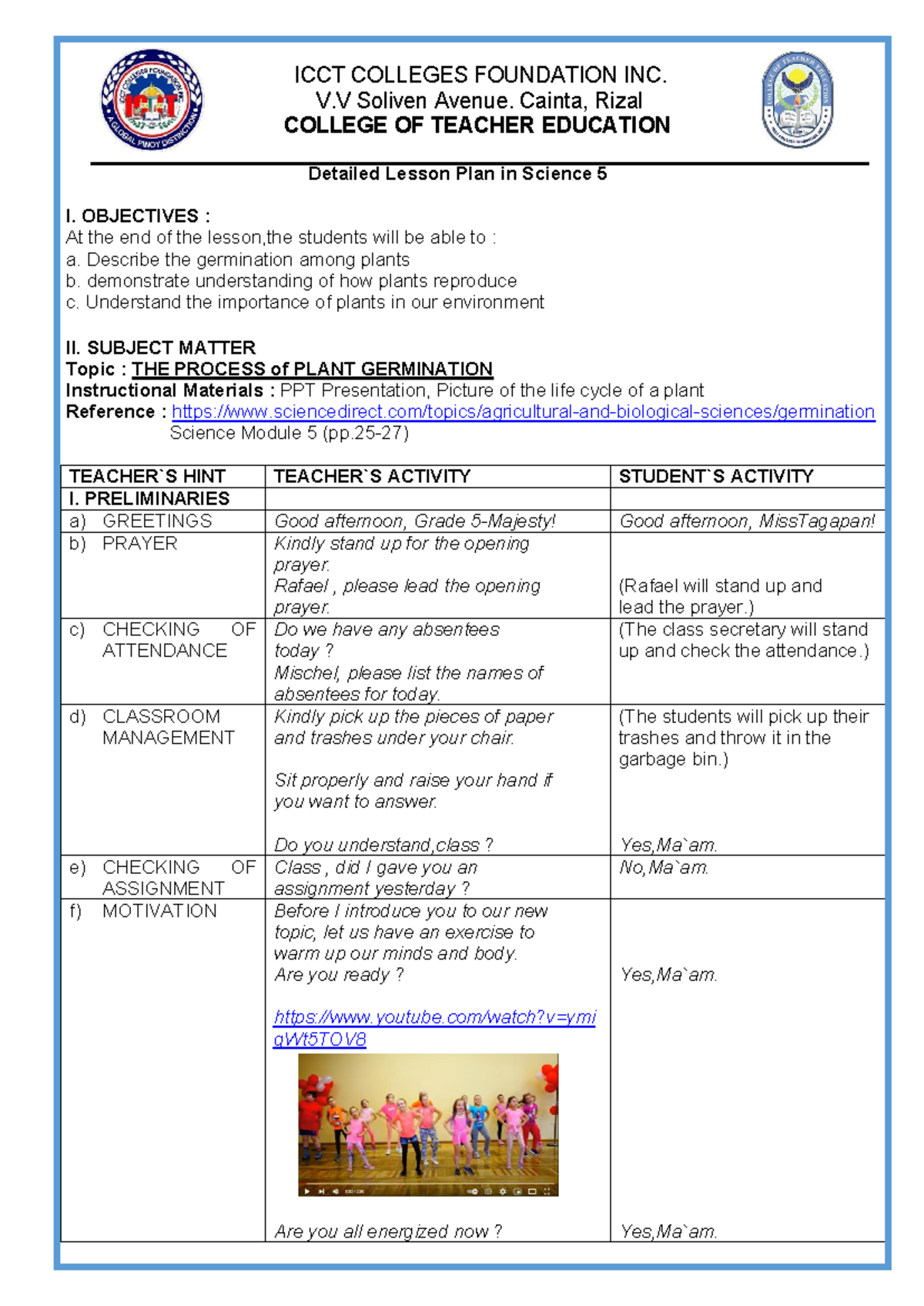 Detailed Lesson plan in Science 4 - ICCT COLLEGES FOUNDATION INC. V ...