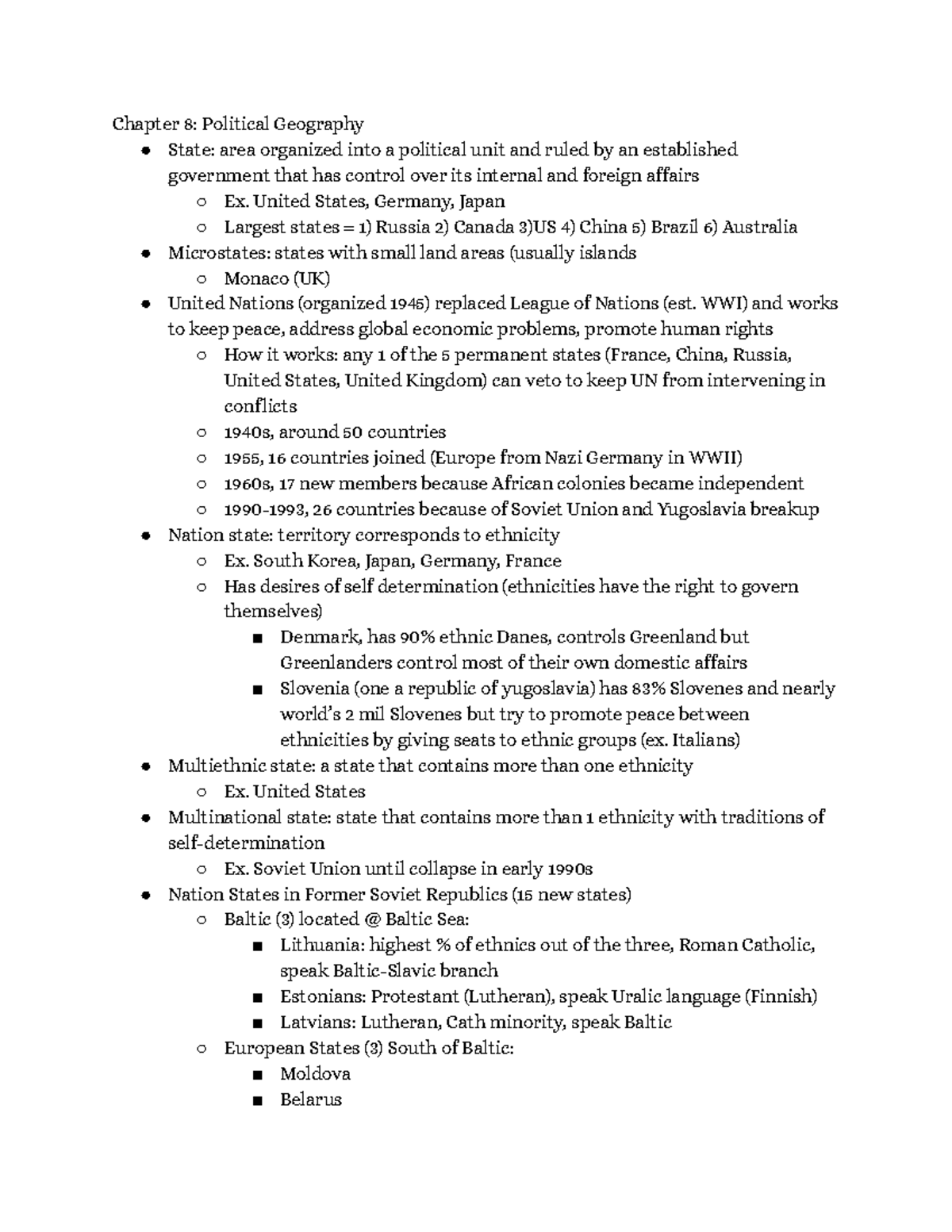 Human Geography (Semester 2) - Chapter 8: Political Geography State ...