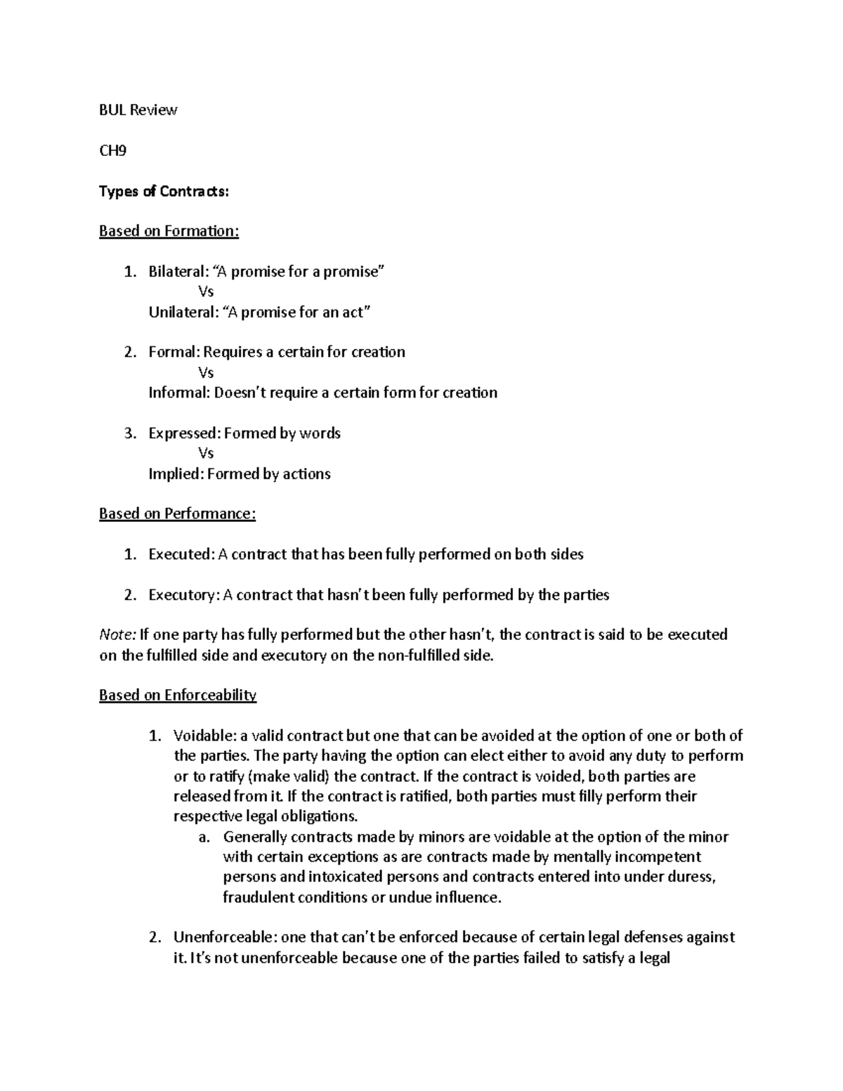 Bul Review Exam 3- Darren Prum - Bul Review Ch9 Types Of Contracts 