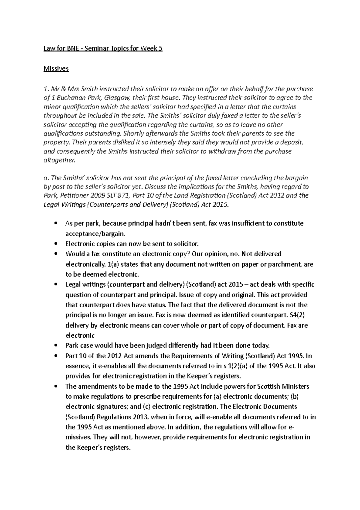 BNE S5 missives - Law for BNE Seminar Topics for Week 5 Missives 1. Mr ...