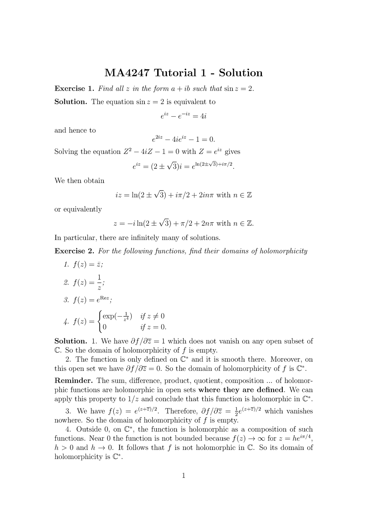 The Equation Sin Z Theory Of Functions Of A Complex Variable Ma4247 Tutorial 1 Solution 3800