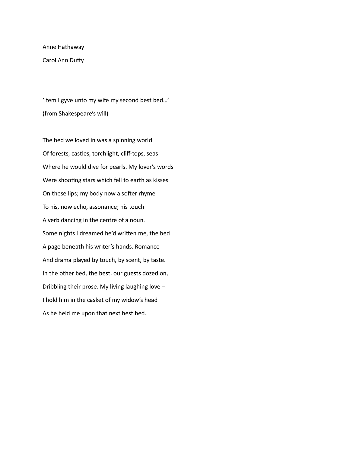 5 - Carol Ann duffy text - Anne Hathaway Carol Ann Duffy ‘Item I gyve ...