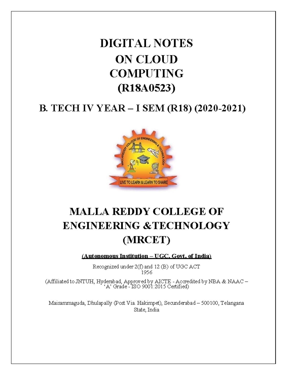 Cloud Computing Digital Notes (R18A0523) - DIGITAL NOTES ON CLOUD ...