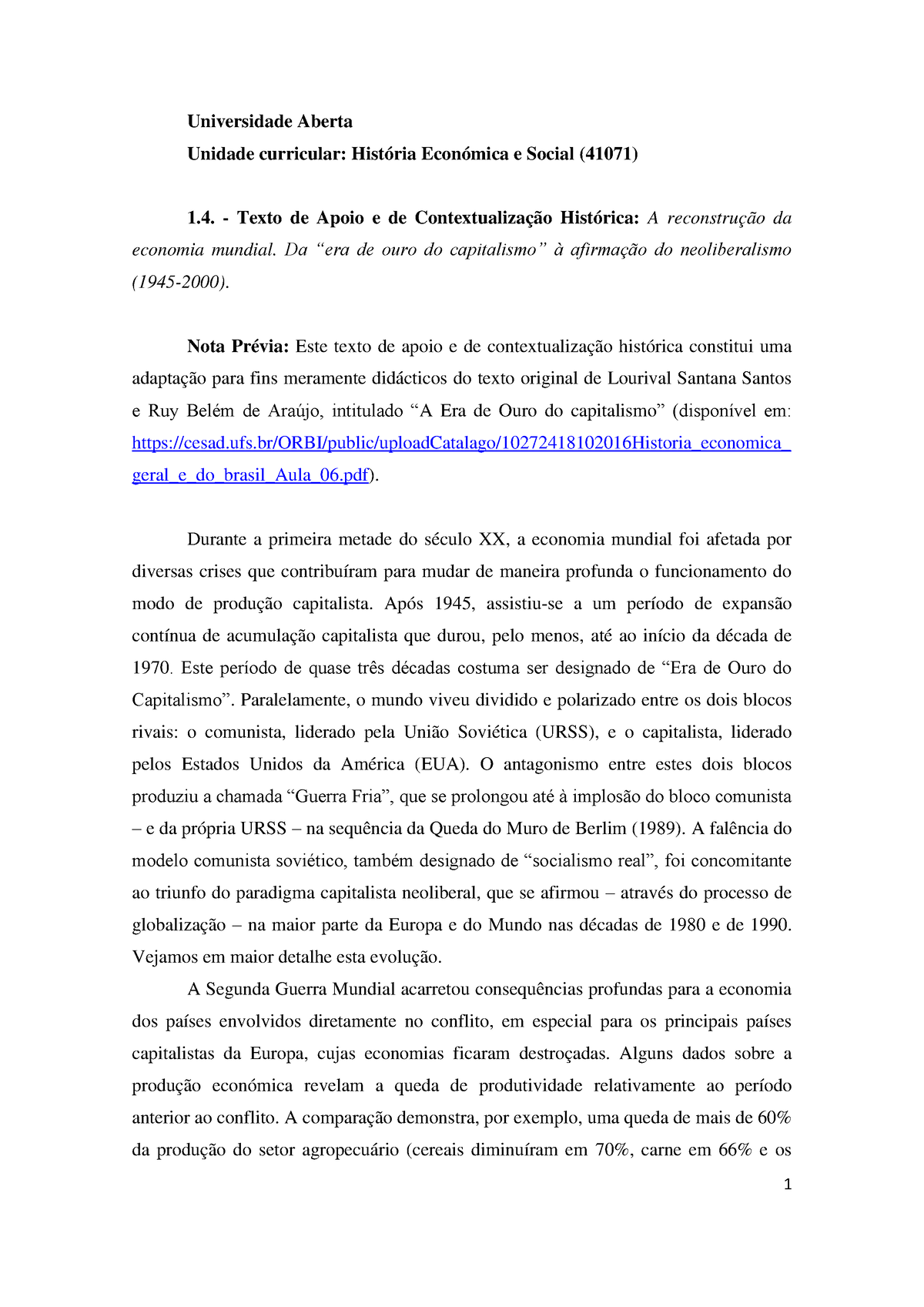 1.4. Texto De Apoio - Universidade Aberta Unidade Curricular: História ...