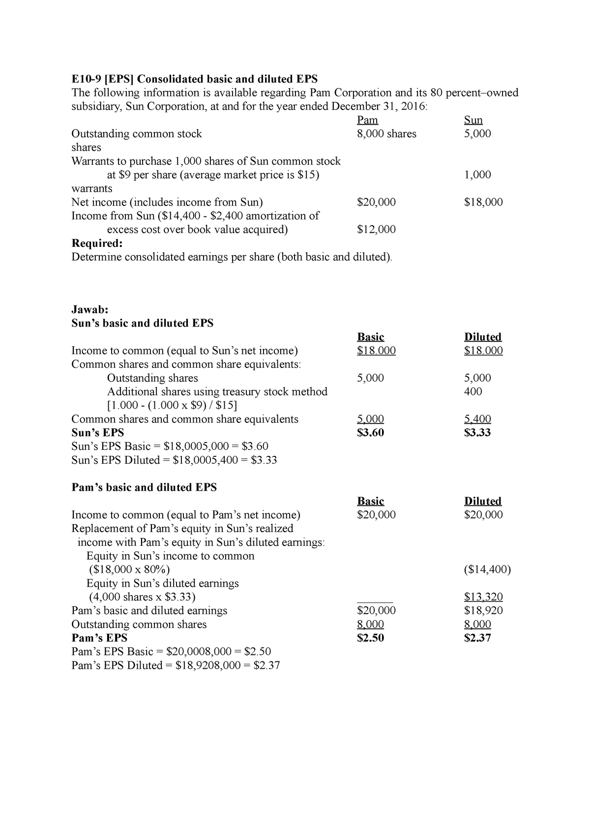 Assignment Advanced Accounting Beams [Exercise 10-9] - E10-9 [EPS ...