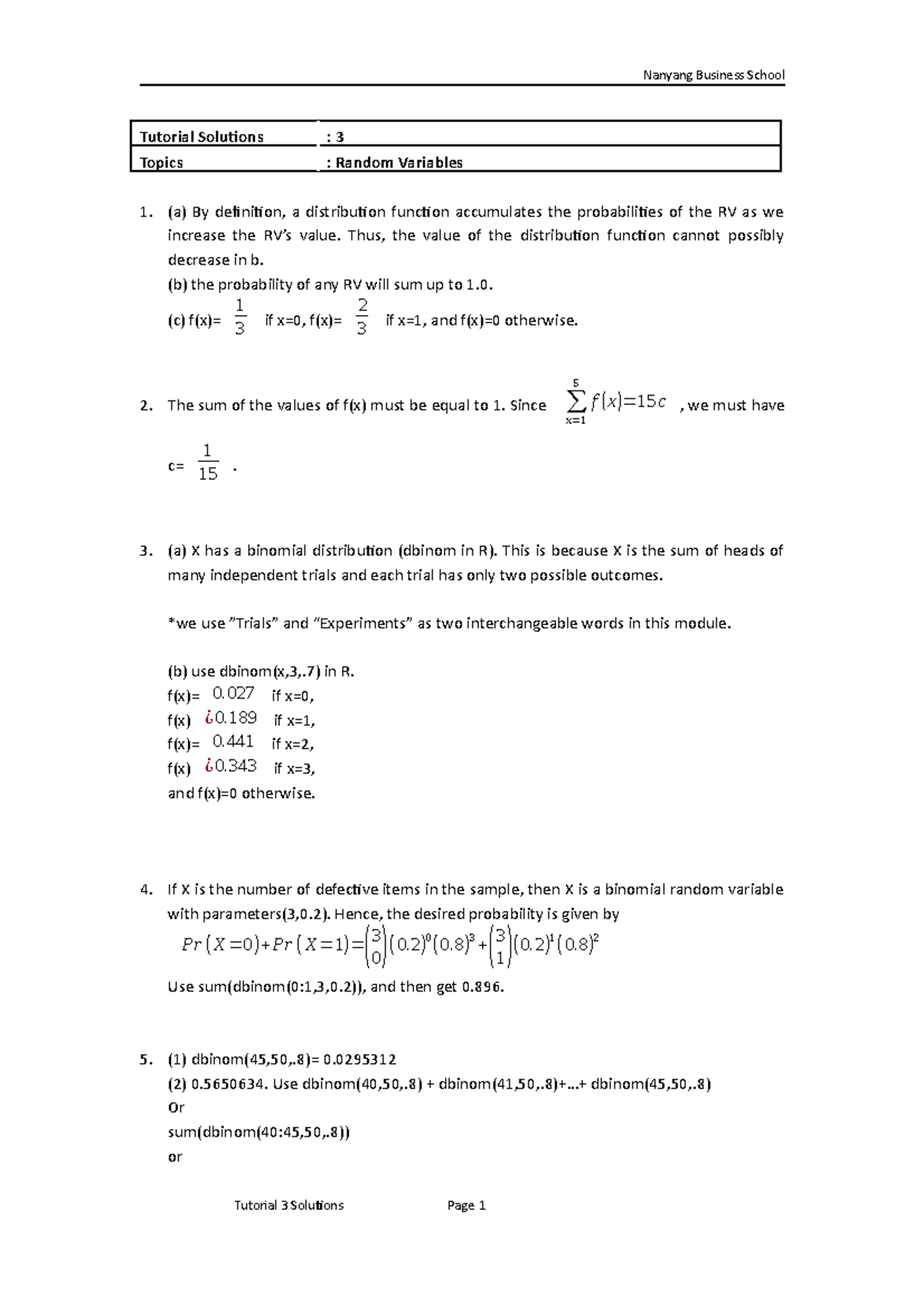 Solutions week 3 - 333333333333333333333333333333 - Nanyang Business ...