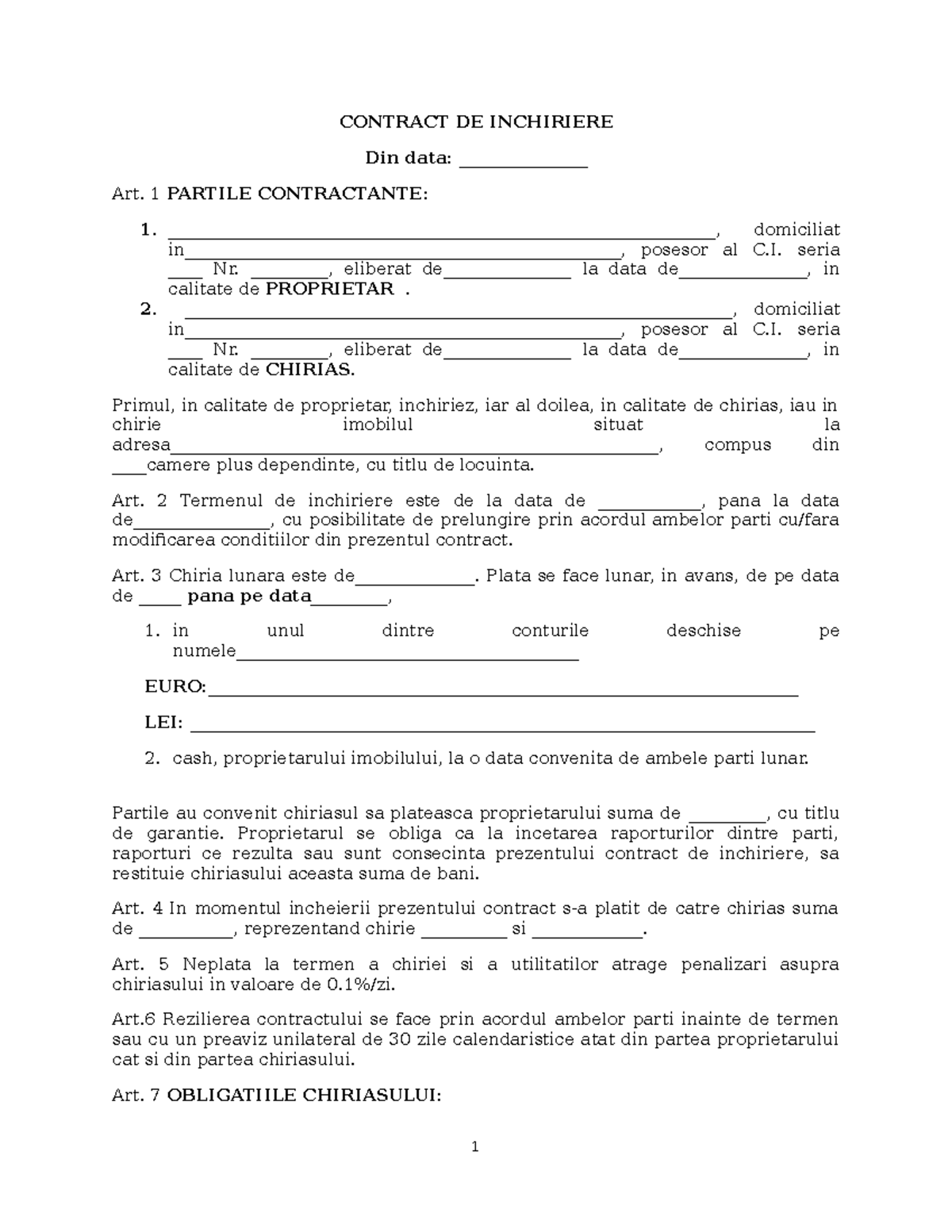 Contract DE Inchiriere Model 2 CONTRACT DE INCHIRIERE Din data