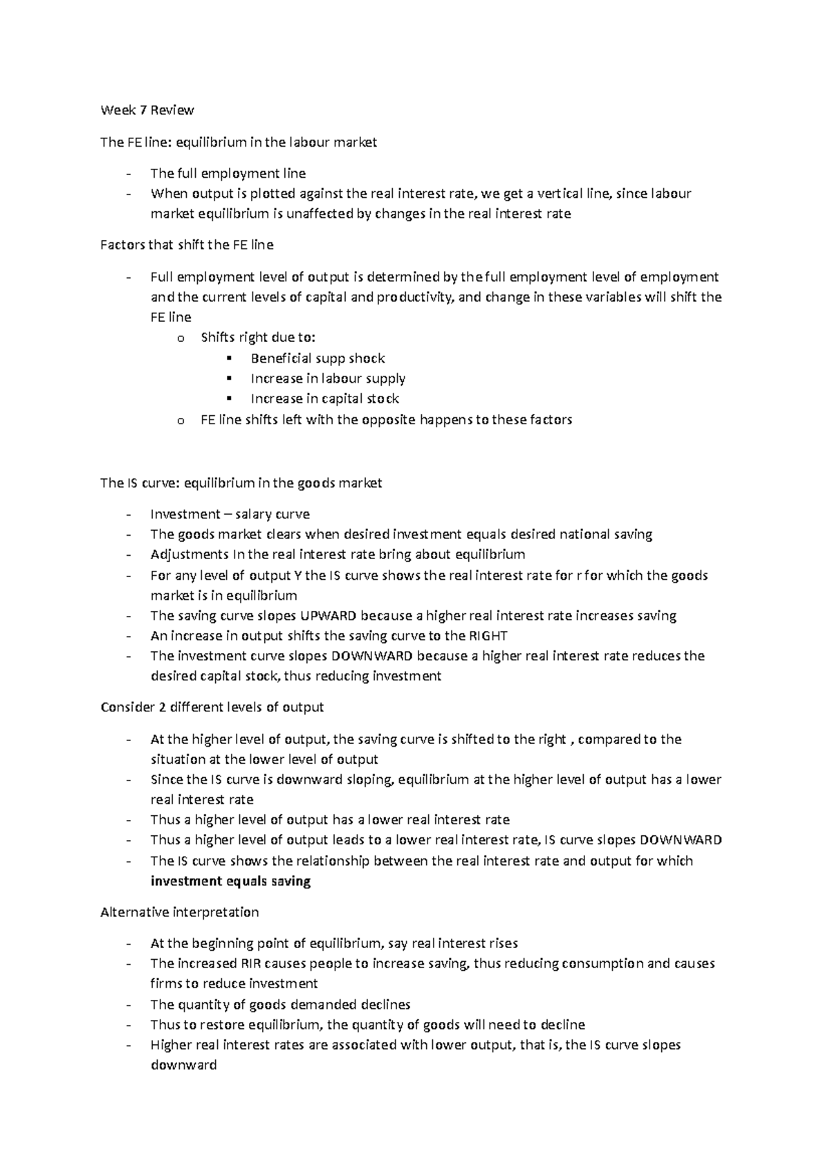 Week 7 Review - notes for week 7 - Week 7 Review The FE line ...