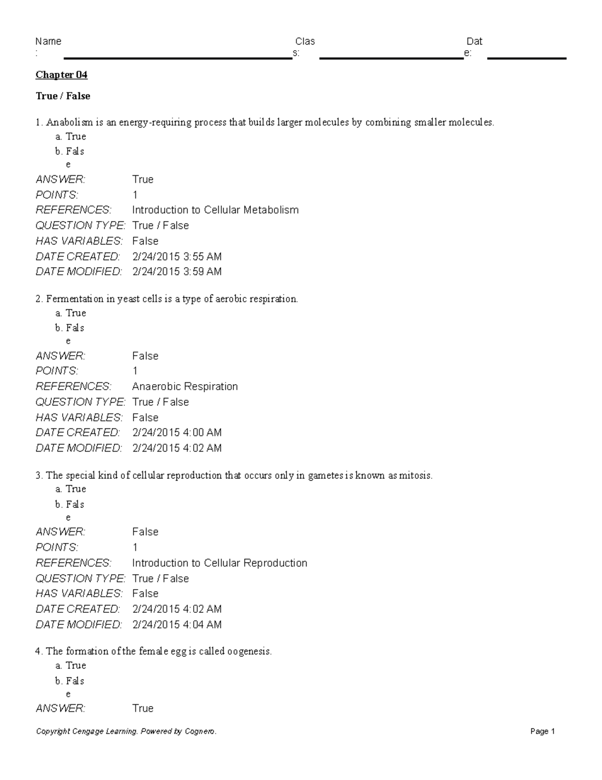 Chapter 04 - practice question - : s: e: Chapter 04 True / False ...