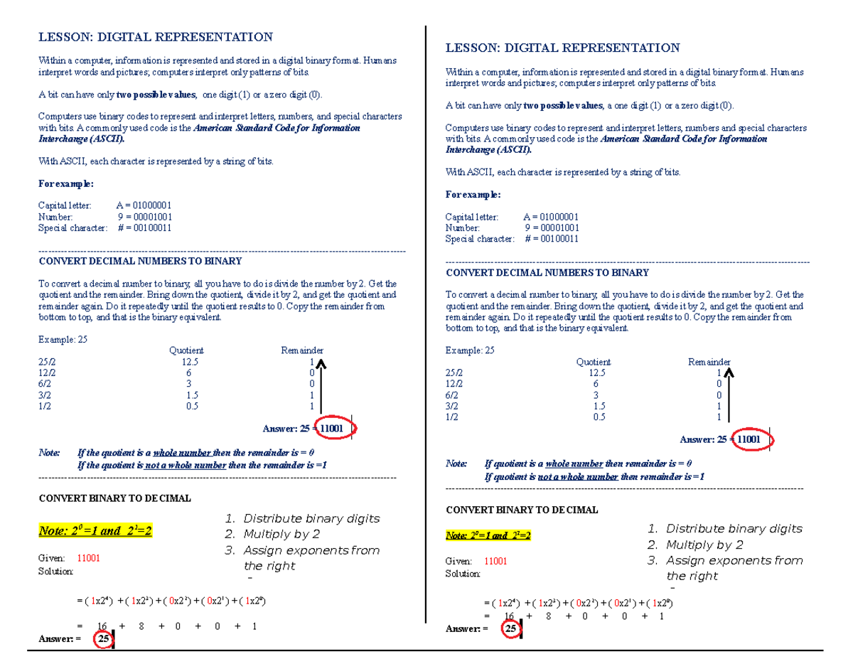 Binary Conversion (phtcpy) - LESSON: DIGITAL REPRESENTATION Within a ...