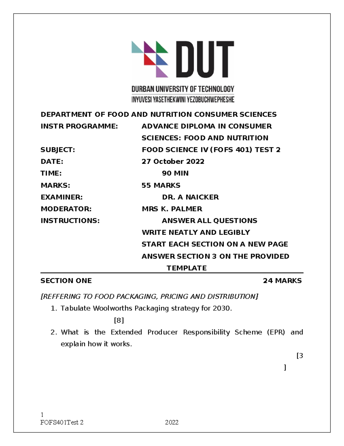 2022 Test 2 Department OF FOOD AND Nutrition Consumer Sciences 2022-test-2-department-of-food-and-nutrition-consumer-sciences