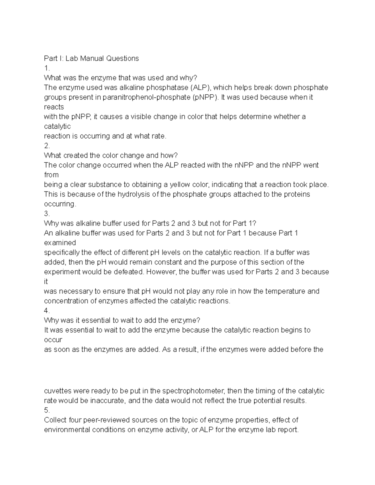 Enzymes Part I Lab Manual Questions - Part I: Lab Manual Questions 1 ...