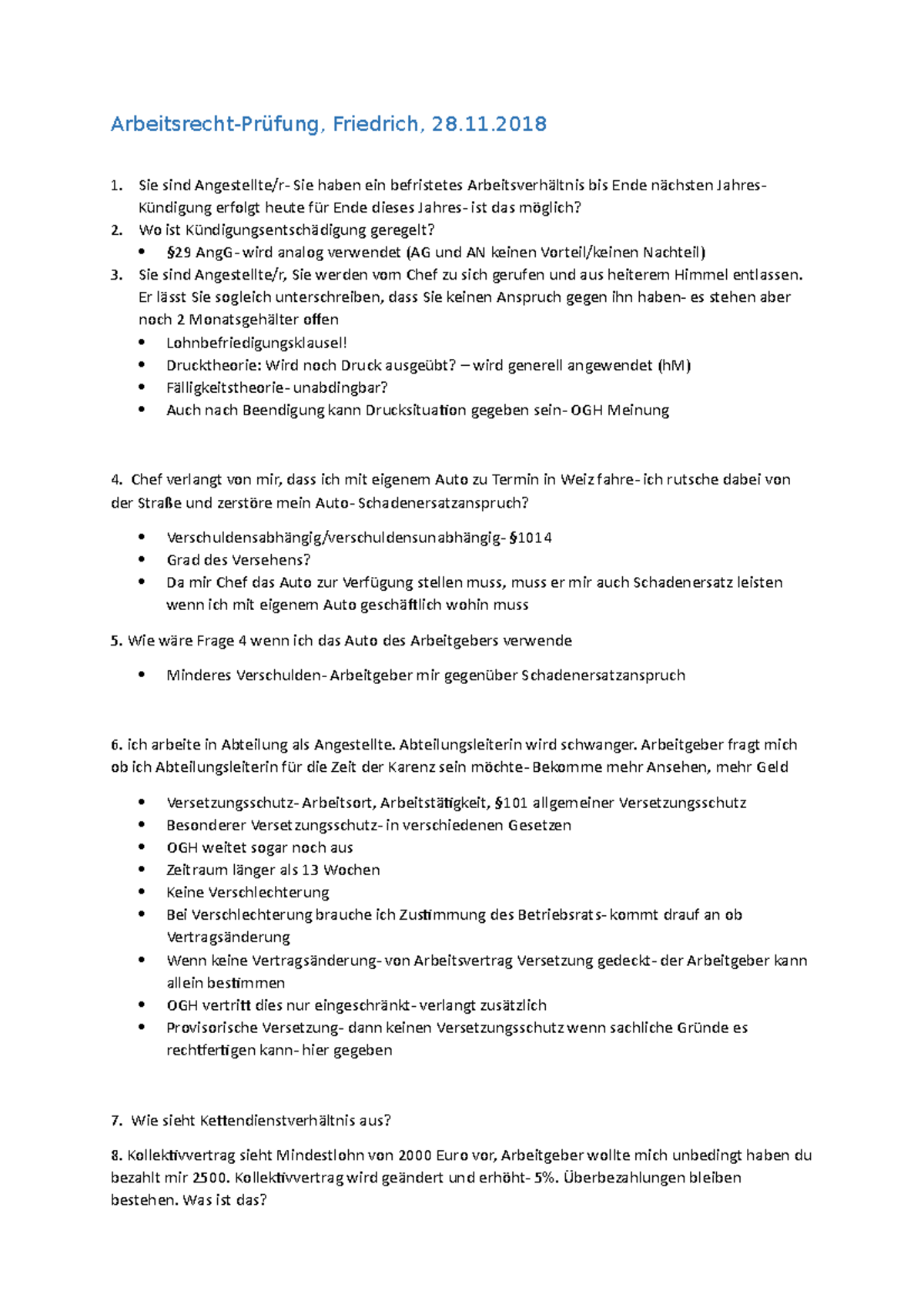 Prüfungsfragen Friedrich mit Lösungen ArbeitsrechtPrüfung, Friedrich