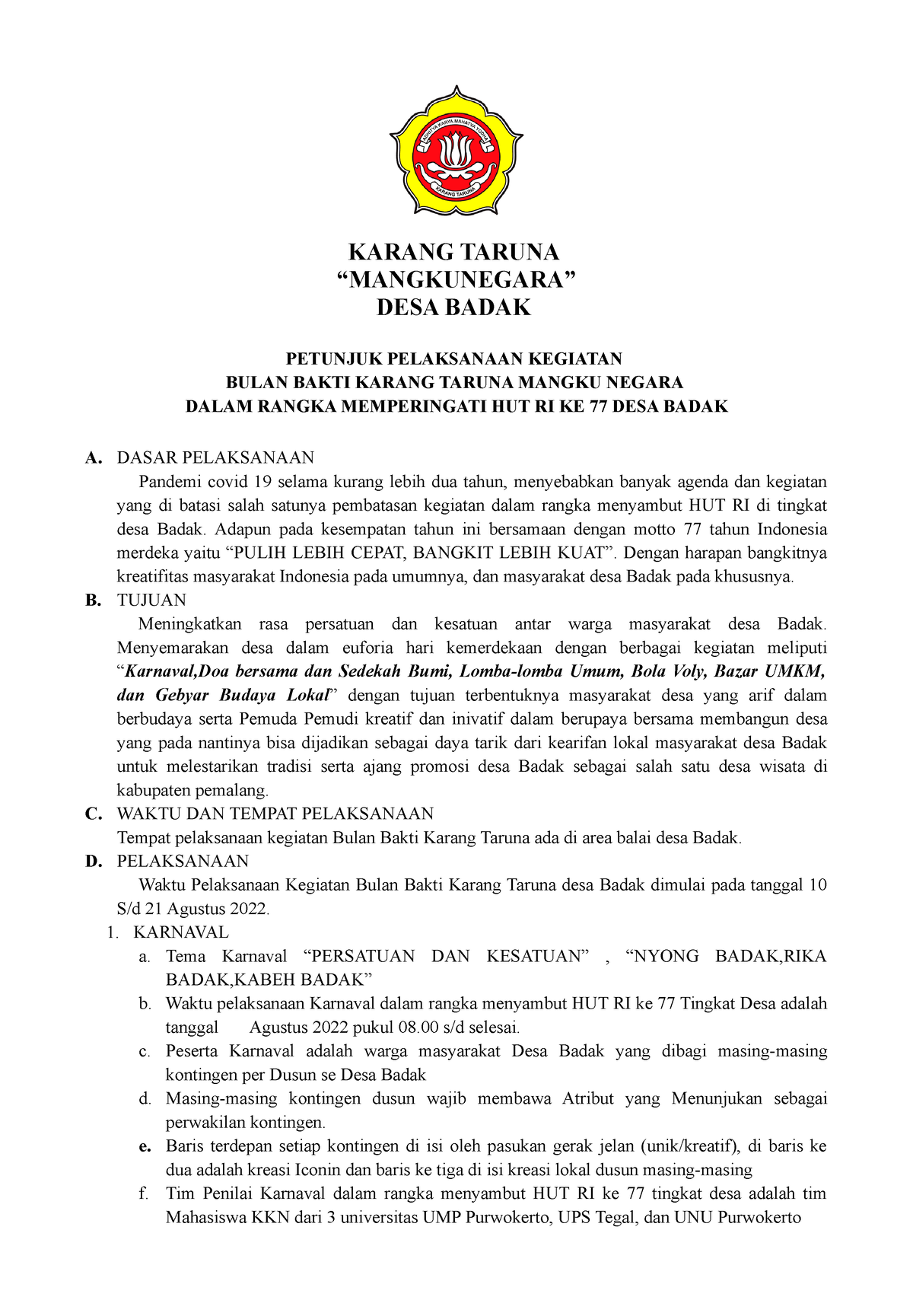 Juklak Bulan Bhakti Karang Taruna Karang Taruna Mangkunegara Desa Badak Petunjuk Pelaksanaan