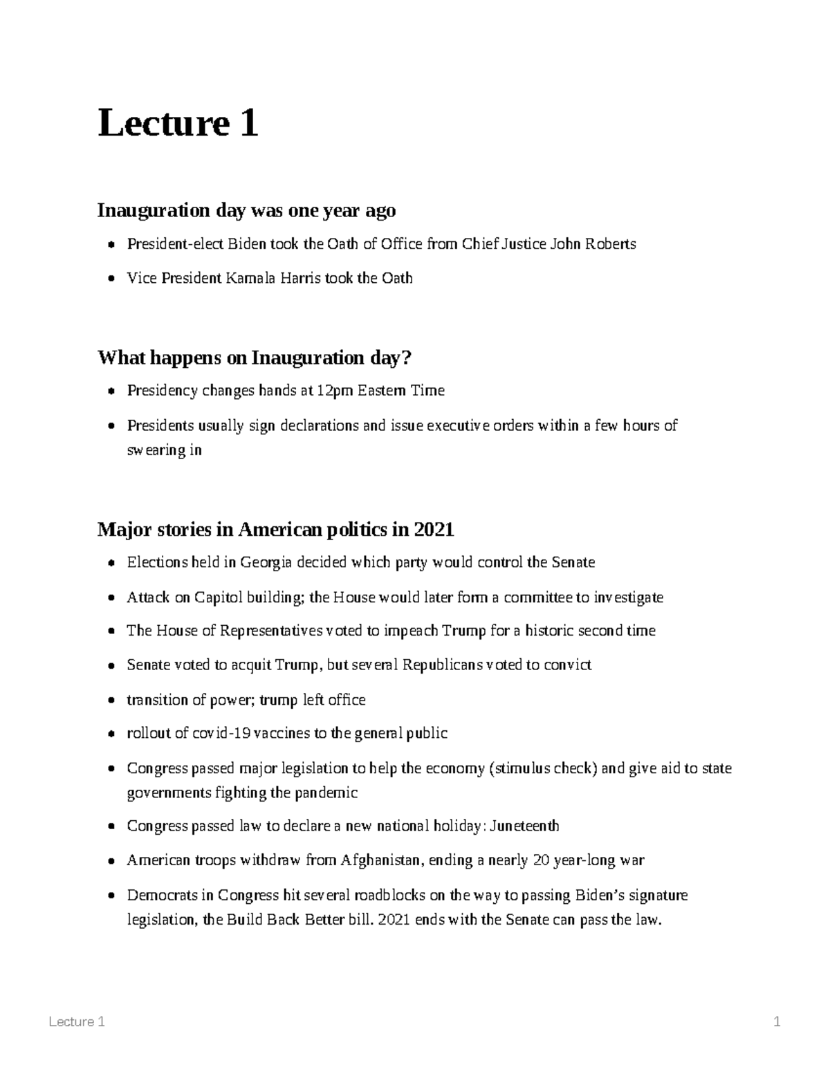 Lecture 1 notes - Lecture 1 1 Lecture 1 Inauguration day was one year ...