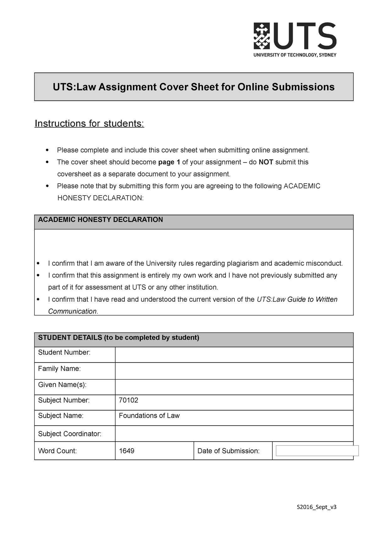 uts assignment cover sheet law