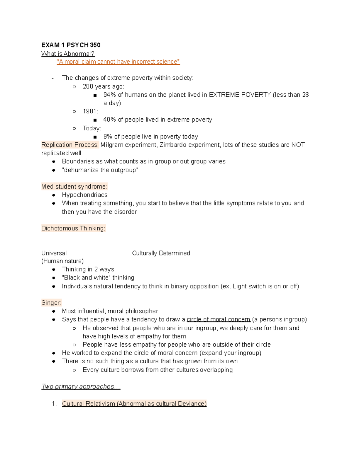 EXAM 1 Psych 350 Abnormal - EXAM 1 PSYCH 350 What Is Abnormal? A Moral ...