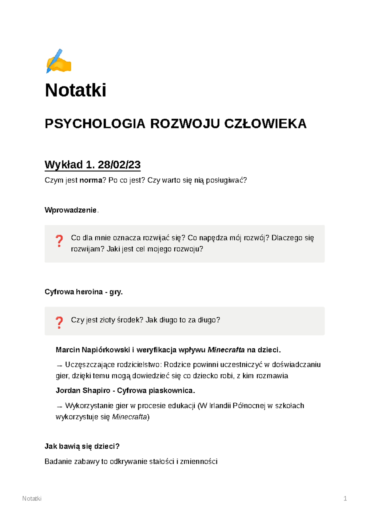 Notatki Rozwojowa - Notatki PSYCHOLOGIA ROZWOJU CZŁOWIEKA Wykład 1. 28 ...