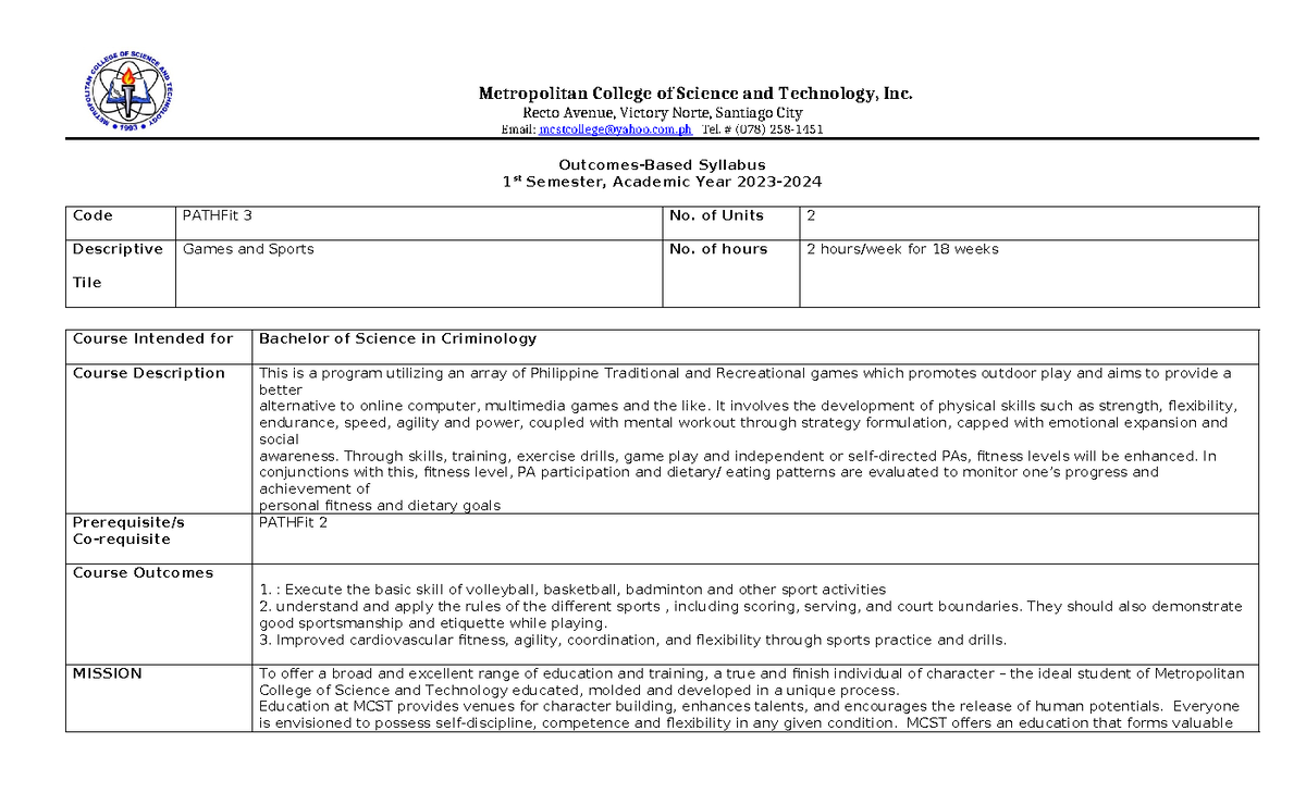 Syllabus-Format-2023-2024-1st-sem- pathfit 3 - Metropolitan College of ...