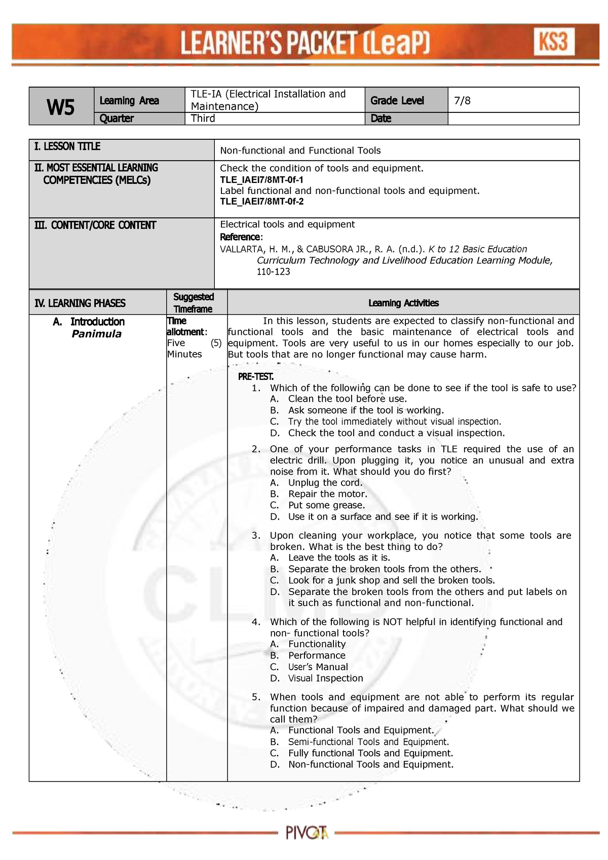 TLE EIM7 8 week5 - notes - W 5 Learning Area TLE-IA (Electrical ...